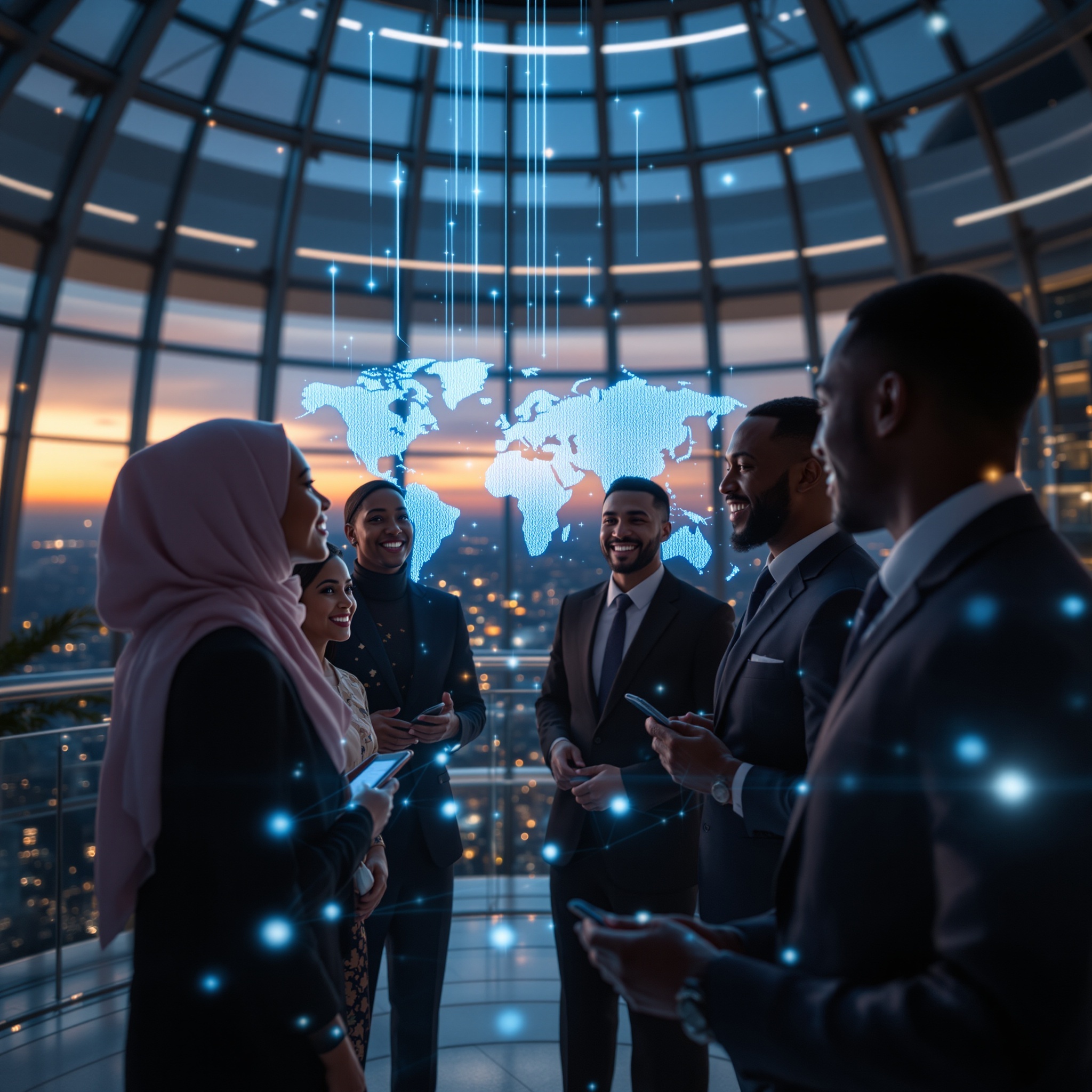 A diverse group of international business leaders collaborating around a holographic world map, connected by lines of light symbolizing cultural intelligence as the unseen asset in global business strategy - G2 Middle East strategic advisory
